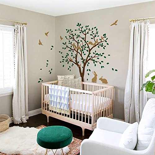 Großer Baum Wandaufkleber mit Vögeln, Eichhörnchen und Kaninchen Hasen Kinderzimmer Wanddekoration 095 (Braun, Waldgrün, Hellbraun)
