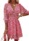 ABYOVRT Robe Ete Femme Manches Courtes Bohème Col V Florale Courte Taille Haute Mini Robe,Rouge,L