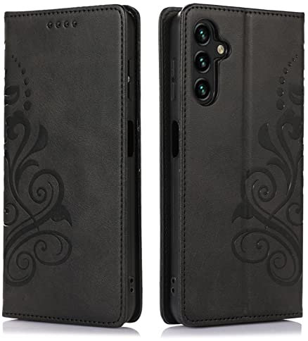 MOONESS Coque Compatible avec Galaxy A14 4G / 5G,Magnetique Flip Embossée Case Portefeuille Etui Cover - Noir