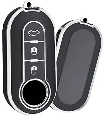 HIBEYO Klappschlüssel Autoschlüssel Hülle passt für FIAT Schlüsselhülle Silikon Schutzhülle Cover für FIAT 500 500C Ducato Brava Grande Punto Panda Qubo Fiorino Schlüsselring 3-Tasten-Silber Schwarz