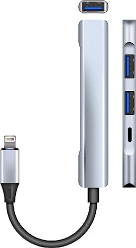 Electrovision Adattatore OTG da Lightning a 3 prese USB-3 e presa di ricarica rapida da 20 W, cavo da 65 mm