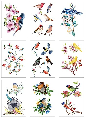 CREATCABIN 9 Blatt Frühling Sommer Fensteraufkleber, Vogel, AST, Blume, Fensteraufkleber, Wasserdicht, Für Glasfenster, Türen, Treppen, Wand, Kühlschrank, Spiegel, Garten, Heimdekoration, 30x19.5cm