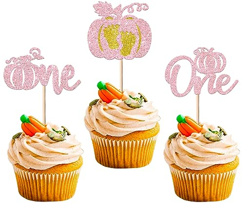 24 Stück Kürbis One Tortendeko Glitzer Herbst Thema Cupcake Toppers Erster Geburtstag Kuchen Deko Halloween Kuchen Dekorationen für Kürbis Thema 1. Geburtstag Party Kuchen Dekorationen Rosa