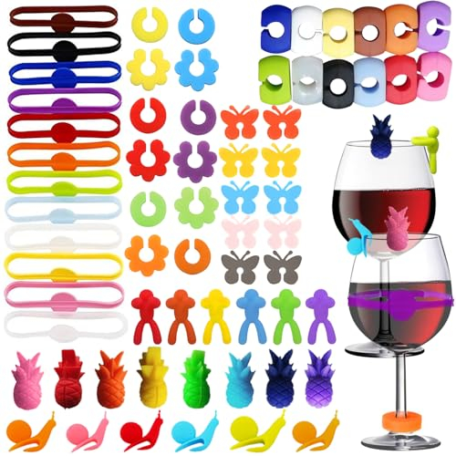 TYXHXTF 65 PCS Wine Glass Markers Silicone Drink Markers, Reusable Wine Glass Identifier Wine Glass Charms Wine Accessories for Cup Champagne Cocktail Bottles Wedding Party Favor