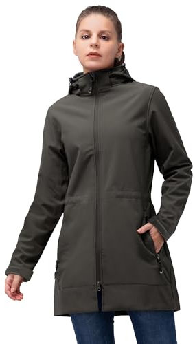 33,000ft Softshelljacke Damen Lange Übergangsjacke Wasserdicht Winddicht Softshellmantel Windbreaker Atmungsaktiv Wanderjacke Outdoor Mantel mit Abnehmbarer Kapuze Dunkel Khaki XL