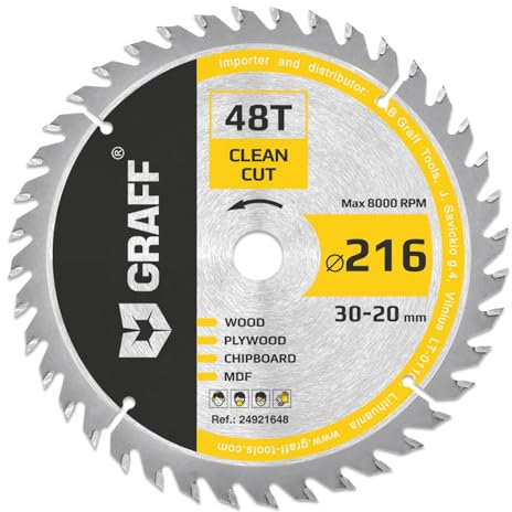 GRAFF Lame de Scie Circulaire fine 216 x 30 mm (anneau 20 mm) - Lame de Scie 216 x 30 mm, 48 Dents pour les coupes Fines Dans le Bois Tendre et Dur - Compatible avec les Lames de Scie Makita et Bosch