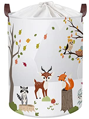 Clastyle 63L Cesta Portabiancheria Animale della Foresta Bianco per Ragazzi Ragazza Contenitore Giochi Bambini Orso Volpe Grande Tondo Pieghevole per Camera da Letto, 40x50 cm