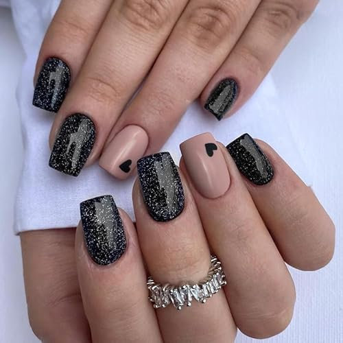 24pcs SHORT SQUARE FALSE NAILS - GLITTER SEQUINS PRESS ON NAILS BLACK HEART & NUDE PINK - REMOVABLE GLUE-ON FULL COVER FAKE NAILS WOMEN & BRIDES ACCESSORIES