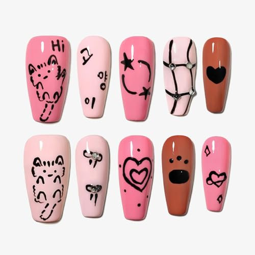 Sun&Beam Nails Handmade Press-on Long Coffin Nails Brown White Black Pink False Nail Tips Hand-drawn Cat Design Fashionable 10 Pcs Set (#158 M)