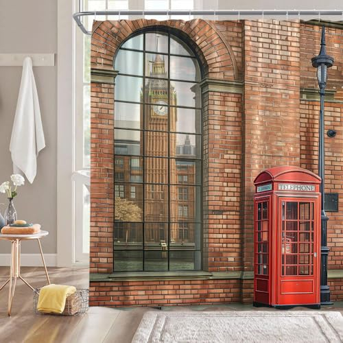 ZNLSU London Duschvorhang, Retro-Stil, braune Ziegelmauer, rote Telefonzelle, Big Ben, England, Reisen, rustikaler Vintage-Straßenstoff, Badezimmer-Vorhang mit Haken