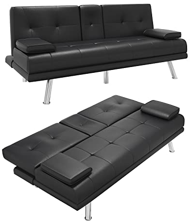 ELEGANT 3 Seater Sofa Bed with 2 Cup Holders & Removable Pillow Modern Black Sofa Faux Leather Fireproof Sponge Recliner Sleeper for Living Room