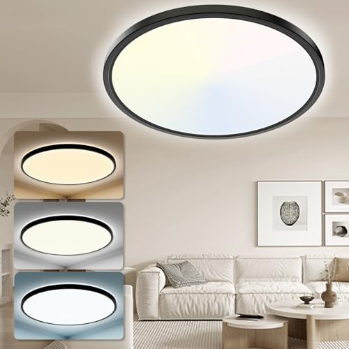 Yexati LED Deckenleuchte 24W 6000K/4000K/3000K, 3200LM IP54 Ultra Dünn Deckenlampe, Flach Rund Modern Badezimmer Lampe Schwarz Küchenlampe für Flur Schlafzimmer Balkon Wohnzimmer Küche Keller Ø30 CM