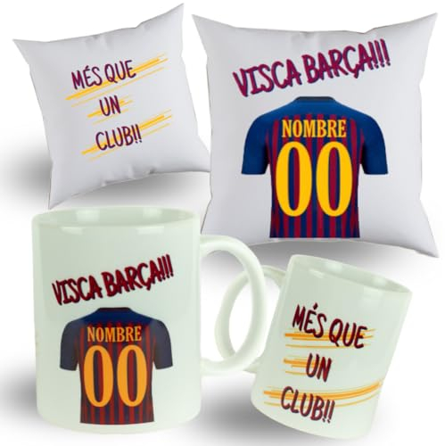 TAZA personalizada de equipos + COJIN personalizado CON RELLENO - Regalos originales - Regalos futbol - Camiseta equipos de futbol - Personaliza con tu nombre y tu numero la camiseta - (Barcelona)
