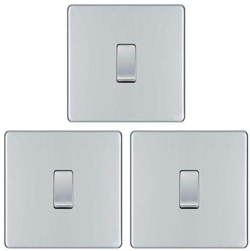 BG Electrical fpc12 Screwless Flat Plate Single Light Switch, Polished Chrome, 2-Way, 16AX Polished Chrome (Pack of 3)