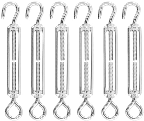 KEILEOHO M5 Lot de 6 Tendeurs à lanterne œil et Crochet en acier inoxydable, 122 mm, Tendeur de câble en acier inoxydable pour fixation de voile, corde à linge