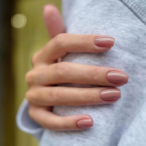 Ceboic 24 Pièces Faux Ongles Court Carré Français Couleur Pure Press on Nails Naturel Ongles Artificiels Couverture Complète Acrylique Faux Ongles à Coller Nail Art pour Femmes et Filles - Rose Nude