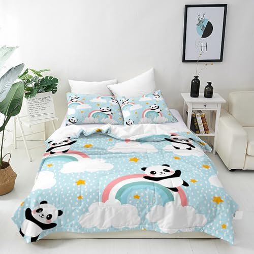 ANHOPE Panda Bettwäsche 155x220 cm & 2 Kissenbezüge 80x80 cm | Pandabär Regenbogen Sterne Blau Muster, Mikrofaser Bettbezug mit Reißverschluss, Kinder-Bettwäsche-Set für Jungen & Mädchen