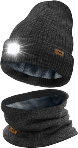 ATNKE LED Mütze mit Licht und Schal Set, Wiederaufladbare USB 4 LED Beleuchtete Laufmütze Winter Warme Gefütterte Fleece Halsschlauch und Stricken Mütze für Herren und Damen Geschenke/Dark Grey