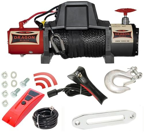 Dragon Winch Elektrische Seilwinde 12V Maverick 12000 lbs / 5443kg, mit Synthetikseil 20m für Auto, Abschleppwagen und Kommunalfahrzeuge Seilwinde mit Funkfernbedienung + Zubehör | IP67 Wasserdicht