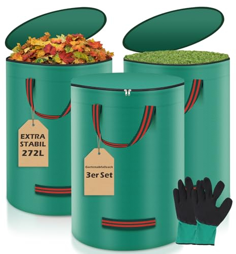 Miaglury 3X 272L Gartenabfallsack Stabil mit Deckel & inkl. Handschuhe - Gartensack Laubsack Groß, Reißfest & Wasserdicht, Wiederverwendbar & Faltbar für Rasenschnitt, Laub und Grünschnitt, Grün