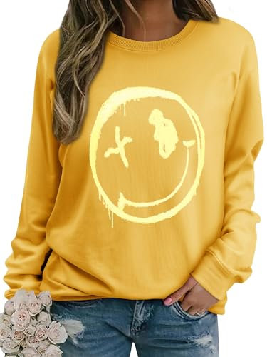 WIEIYM Women Sweatshirt Smile Face Crewneck Pullover Long Sleeve T Shirt Graphic Print Basic Tops Causal Jumpers S-XXL Yellow