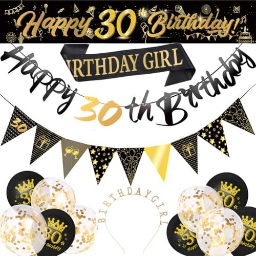 Deco Anniversaire 30 ans Or Noir Gold pour Fille, Rose Or Couronne Diademe en Cristal Echarpe Anniversaire, 30 ans Or Rose Noir Ballons, Banderole Joyeux Bannière (C)