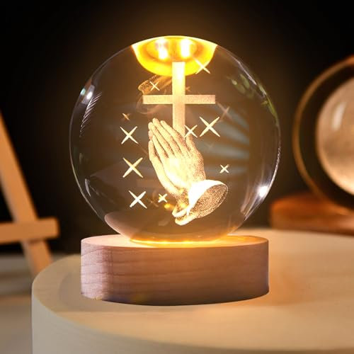 Sfera di cristallo luce notturna, in preghiera 3D con base in legno, decorazione natalizia in vetro, alimentazione USB, pianeta di Gesù croce, regali religiosi per la decorazione di interni (croci)