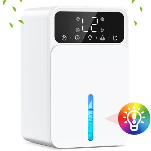 HONMICON Deshumidificador eléctrico de 1500 ml, con 2 niveles y modo de suspensión, apagado automático, ultra silencioso, portátil, luz LED de 7 colores, para baño, dormitorio y armario, blanco
