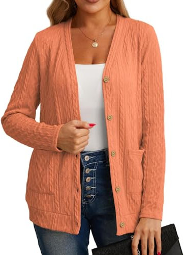 GRECERELLE Womens Cardigan Long Sleeve Lightweight Cardigans Button Down V Neck Ribbed Knit Outerwear Open Front Tops with Pocket for Ladies (Pumpkin, XL)