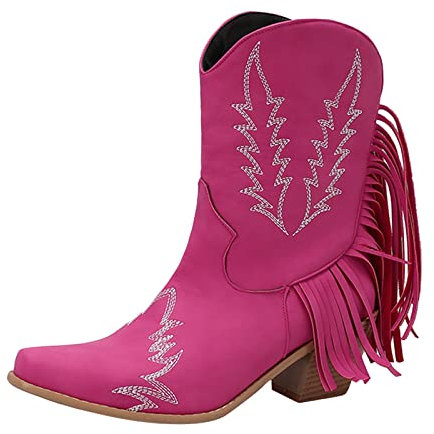 Bottes de cowboy western vintage pour femme - Couleur unie - À enfiler - Pour l'extérieur - Talon épais - Chaussures pour femme - 425, Rose, 40 EU