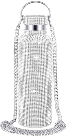 750ml Bling Diamond Water Bottle,Insulated Stainless Steel Water Bottle | Water bottle with Diamond & Chain, Stay Hydrated in Style for Camping,Party, Gift for Women and Teens (Silver)