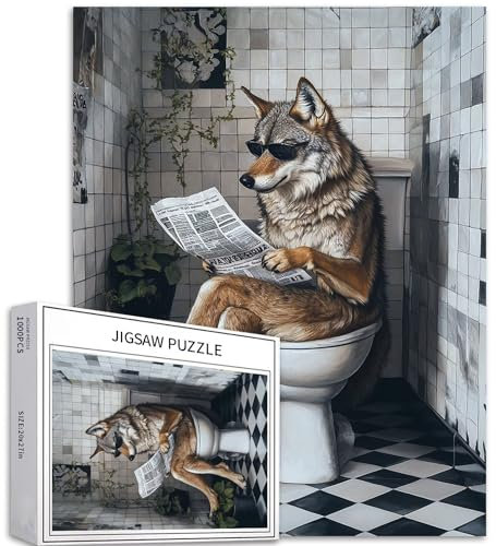 Wolf auf Toilette, 1000-teiliges Puzzle für Erwachsene, Wolf mit Brille, zum Lesen von Zeitungen, Kunstpuzzle für Heimdekoration, Geschenke, Familienpuzzle, perfekt für Spieleabende, 50,8 x 68,6 cm