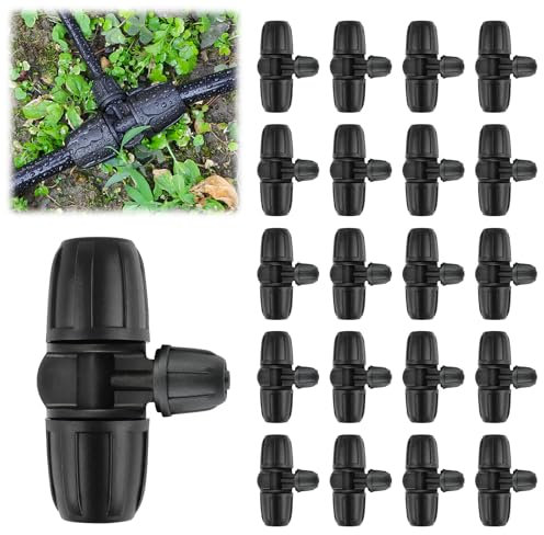 Kalolary Lot de 20 connecteurs en T barbelés verrouillés, kit de raccords d'irrigation goutte à goutte de 8/12 mm à 4/7 mm, connecteur femelle à 3 voies pour système d'arrosage (noir)