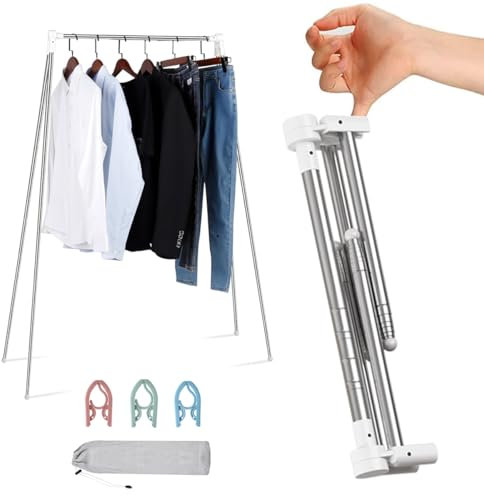 ANLEBUY Tragbarer kleiderständer klappbar, stabil kleiderständer klein kleiderstange zum Mitnehmen, leicht Clothes Rack für Tanz, Reisen, Camping, Wäsche, Wandern, weiß +3 kleiderbügel