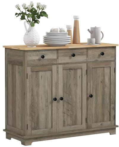 HOMCOM Modern Sideboard with Rubberwood Top, Buffet Cabinet with Storage Cabinets, Drawers and Adjustable Shelves for Dining Room, Kitchen, Grey Wood-Effect