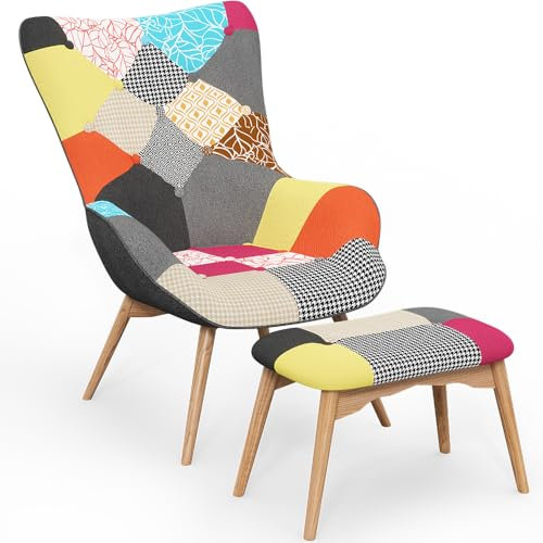 Iconik Interior Patchwork Style Fauteuil avec Repose-Pieds - Revêtement en Tissu Patchwork - Kontur Multicolore