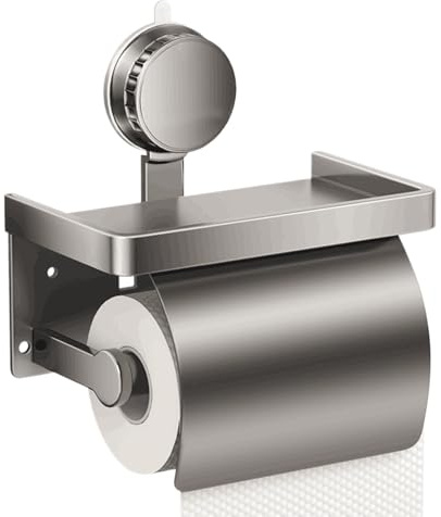 Porta carta igienica con ripiano, in acciaio inox, senza foratura, con ventosa, cromato lucido, grigio