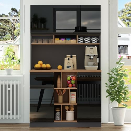 PUGSDRLY Buffet Cuisine 105x45x185cm,Buffet Haut,Meuble Cuisine Rangement avec Étagères Réglables,Tiroirs,Étagères Ouvertes,Poignées Métalliques,pour Salon(Noir)