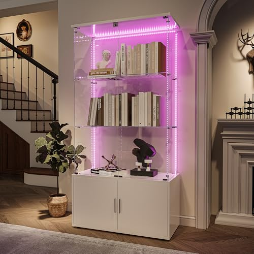 TIMORWTF Vitrine en Verre avec LED,Armoire Vitrine pour Collection,4 Étagères et 4 Portes à Serrure, 2 Étagères Adjustables, 164x78.51x35cm, Blanc