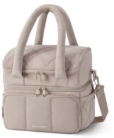 bagsmart Kühltasche Isolierte Lunchtasche Damen Doppelstöckige Wasserdichte | 12L, Puffy, mit Tragegriff Dunkelrosa, mit doppelten Reißverschlüssen, für Picknick, Büro, Camping und Reisen