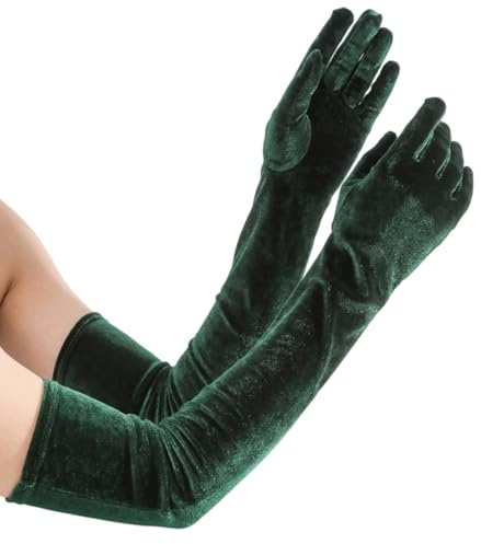 YIPFEN 1 Pair 1920s Ellenbogen Lange Samt Handschuhe für Damen Halloween Party Karneval Fasching Kostüm (Grün)