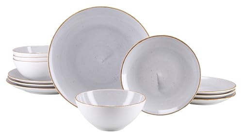 CreaTable, 24808, Serie Vintage Nature Stein, 12-teiliges Geschirrset für 4 Personen, Teller Set aus Porzellan, spülmaschinen- und mikrowellengeeignet, Made in Europe