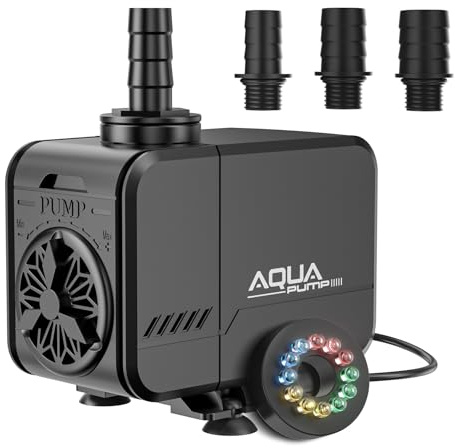 Gardray LED Mini Aquarium Wasserpumpe 40W 3000L/H Schutz vor überhitzung Leise Springbrunnenpumpe mit bunten Lichtern für Aquarien Fischtank, kleine Teichpumpe Förderhöhe 3m mit 1,6m Kabel & 3 Düsen