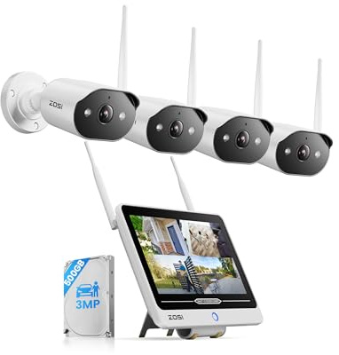 ZOSI 2K Wi-Fi 6 Überwachungskamera Set Aussen mit 12 Monitor-NVR, 500GB | 4x 3MP WLAN-Kameras mit 2-Wege Audio, KI Personen-/Fahrzeugerkennung, Farbnachtsicht, 24/7 Videoüberwachung für Innen & Außen