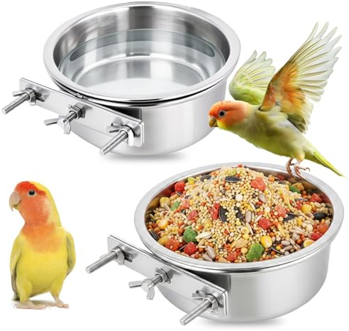 2 PCS Hanging Pet Bowl Stainless Steel, Parrot Food Bowls Metal Detachable Crate Water Bowl Quick Lock Food Bowls for Bird Guinea Pig Cat Rabbit (10×4.5cm, 12×5cm)