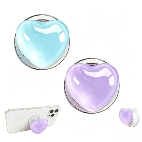 2 Pack Heart Shaped Phone Grip Stand – Clear Suction Cup Base (light blue & purple)