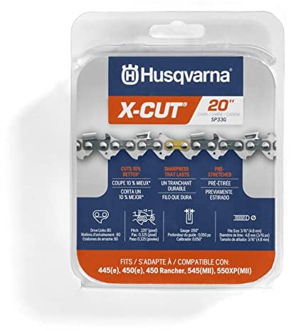 Husqvarna X-Cut SP33G 20 Inch Chainsaw Chain.325 Pitch.050 Gauge, 80 Drive Links, Pre-Stretched Chainsaw Blade Replacement with Superior Lubrication and Low Kickback, Gray