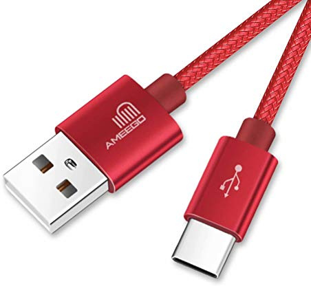 ameego USB C Cable, Nylon Braided USB-A to USB-C Fast Charging and Data Lead, 1m, Red