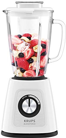 Krups Mixer KB4351 Blendforce+ con base, 800 W, contenitore in vetro resistente al calore, 6 coltelli con tecnologia Powelix; 2 velocità + Pulse; funzione Ice Crush; tecnologia Smart- Lock; Bianco