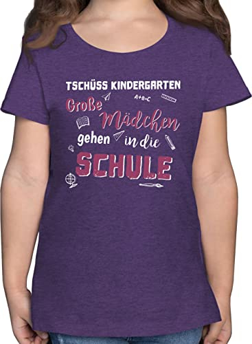 T-Shirt - Einschulung - Tschüss Kindergarten Große Mädchen - 140 (9/11 Jahre) - Lila Meliert - gastgeschenke Shirt Schulkind schulanfänger kiga Tshirt einschulungsshirt einschulungsshìrts